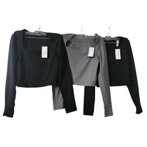 Set Of 3 Baleaf Long Sleeve Square Neck Crop Tops Black & Gray Womens Size S
